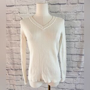 Merona Ribbed Knit Cream V-Neck Sweater Long Sleeve Academia Capsule Classic